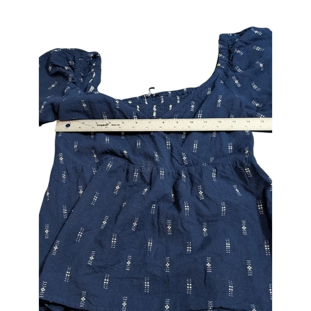 Madewell Navy Blue Dobby Dot Wrap Puff Sleeve Smocked Peplum Top XS 100% Cotton